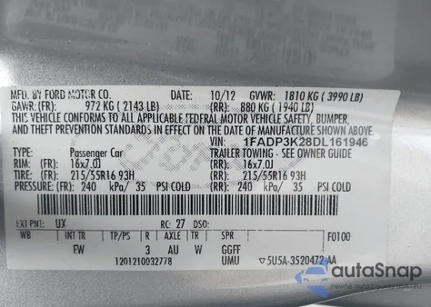 2013 Ford Focus Se из США, поврежденный, VIN 1FADP3K28DL161946